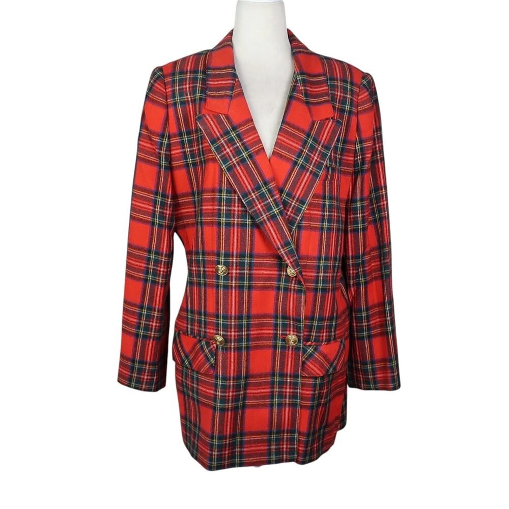 Vintage 80s Red and Blue Tartan Plaid Wool Blazer Jacket L